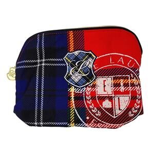 NEW Estee Lauder Red & Blue Plaid Zip Close Recycled Cosmetic Bag Makeup Pouch